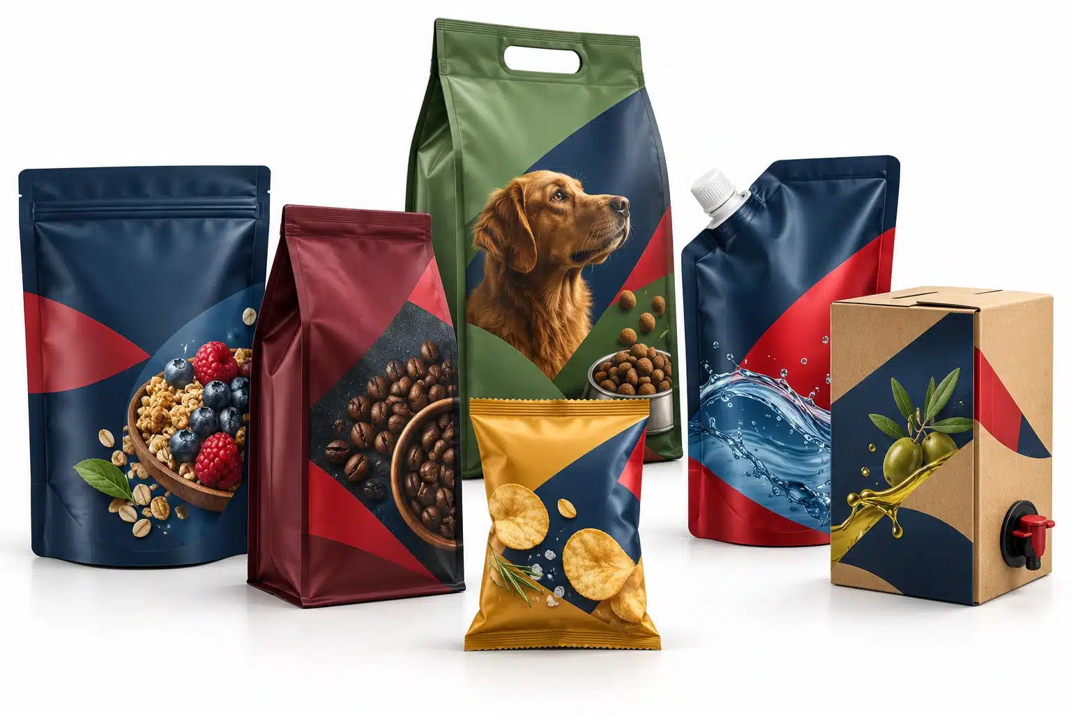 Exemplos ilustrativos de stand-up, fundo plano, pouch com alça, pouch com bico, solda central e bag-in-box