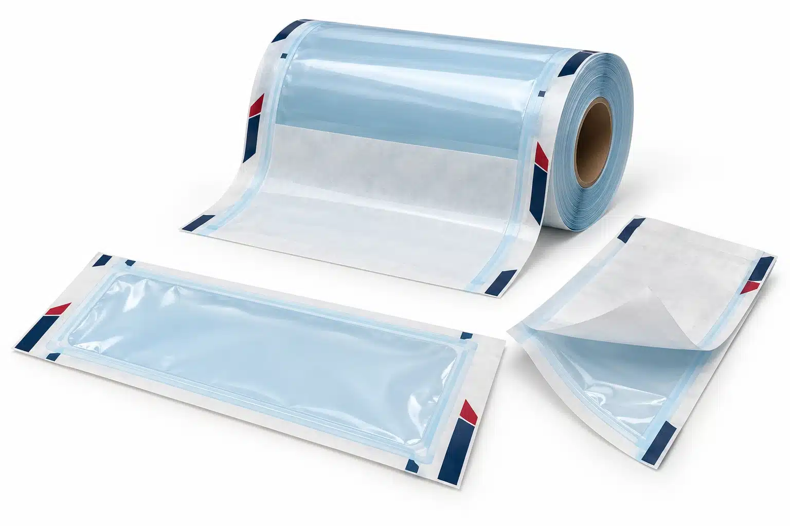 Exemplos ilustrativos de envelopes e bobinas papel-filme.